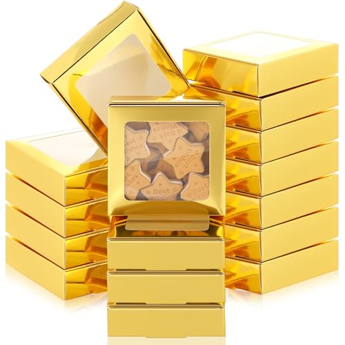 Zonon 30 Pcs Kraft Paper Boxes with Window 4.13 x 4.13 x 1.18 Inch Candy Packaging, Small Gift Boxes, Soap holder, Mini Treat Packaging for Bakery Chocolate Jewelry Display (Gold) - color: Gold