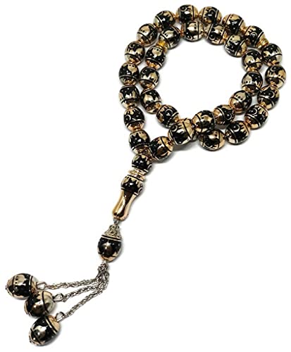 Muslim Tasbih 33 Rosary Bead AMN-276 Islam Prayer dhikr Misbaha with Masjid Image Printed on Laser Crystal Stone Beads Islamic Religion Eid Ramadan Gift (Black) - color: Black