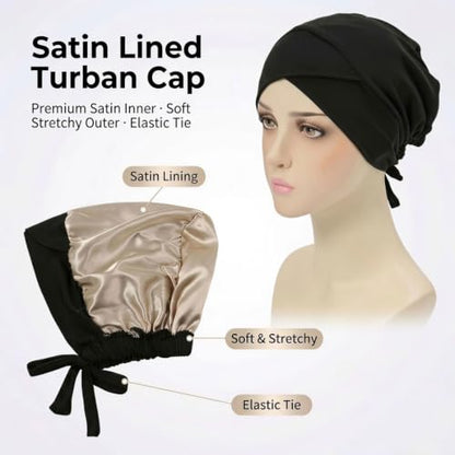 Women's Satin Hijab Undercap, Elastic Inner Cap Underscarf,Soft Chemo Headwear &Sleep Cap 8 Pack