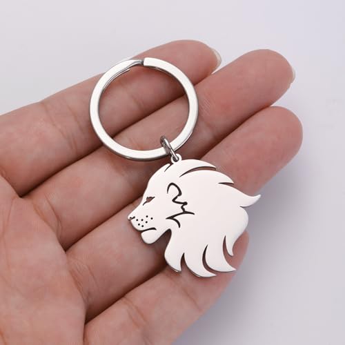 Dreamtimes Lion With King Crown Keychain for Men Stainless Steel Lion Punk Rock Keychain Bag Car Key Pendant Keychain - color: Silver-2