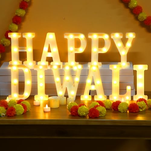 Aurelema 11 Pcs Happy Diwali Decorations Happy Diwali LED Letter Lights Sign Battery Powered Table Decorations for Party Gift - size: 8.27 inches, style: Happy Diwali