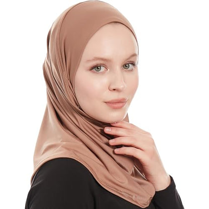 Plain Ready To Wear Amira Hijab for Women - Muslim Instant Amira Jersey Scarf – Soft Muslim One Piece Instant Hijab Headscarf - color: Brown
