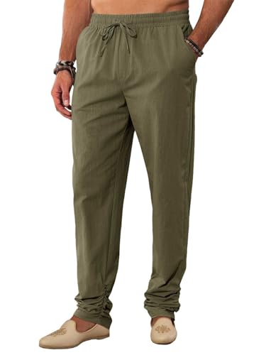 Runcati Mens Kaftan Thobe Pants Cotton Casual Elastic Waist Drawstring Muslim Trousers Summer Yoga Kurta Pants with Pockets - color: Army Green, size: X-Large