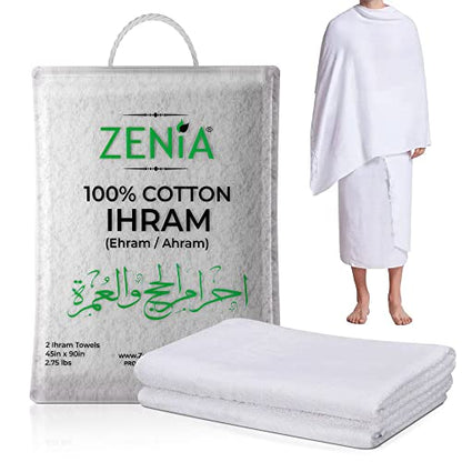 Zenia Natural Hygienic 100% Cotton Ihram (Ahram/Ehram) Towel for Hajj and Umrah - Lightweight and Durable 45 in x 90 in (Ihram) - style: Ihram Only