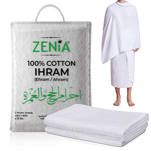 Zenia Natural Hygienic 100% Cotton Ihram (Ahram/Ehram) Towel for Hajj and Umrah - Lightweight and Durable 45 in x 90 in (Ihram)