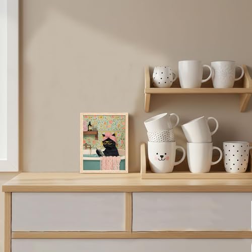 ICHZUMW Framed Funny Black Cat in Bathtub Canvas Bathroom Wall Art 8x10 In - color: Spa Kitty, size: 10"L x 8"W