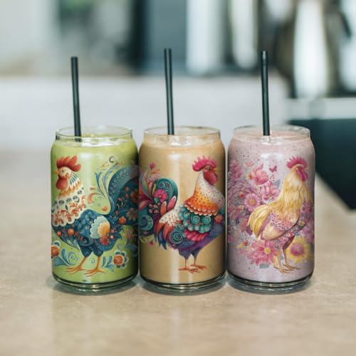 arricraft 10 Pcs Floral Chicken Theme PVC Cup Transfer Stickers, Flower-Patterned Chicken UV Waterproof Cup Sticker for 16 oz Glasses Window Home Printing Decoration 24x11cm - style: Floral Chicken Theme