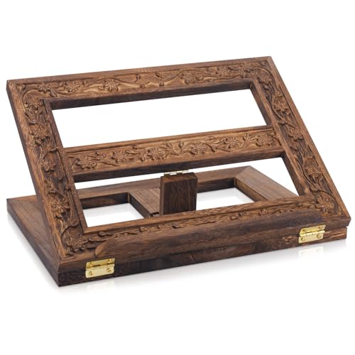 Adjustable Wooden Bible Stand Carved Missal Stand Holder Folding Display 10 x 13 Inch Book Holder for Bibles Books Reading Religious Prayer