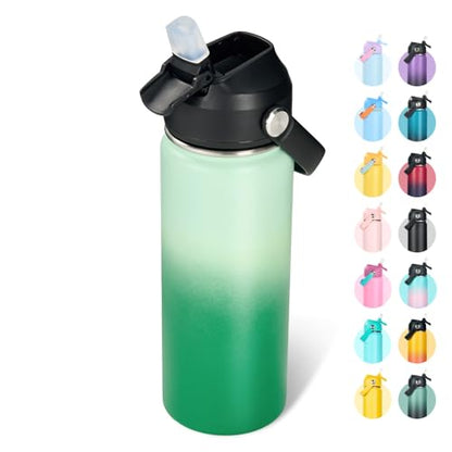 Fijinhom 18oz Insulated Stainless Steel Water Bottle, Wide Mouth Double Wall Vacuum, Silicone Straw, Sweat & Leak Proof, BPA Free Insulated Water Flask for Travel, Green Gradient - color: Green Gradient, size: 18 Ounces