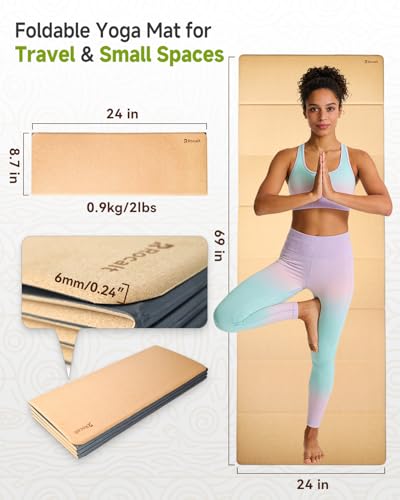 Rocalt Foldable Cork Yoga Mat, Non Slip Travel Pilates Workout Mat | 69 x 24 x 0.25 in, accordion-fold design, POE backing, carry strap for yoga, stretching and travel