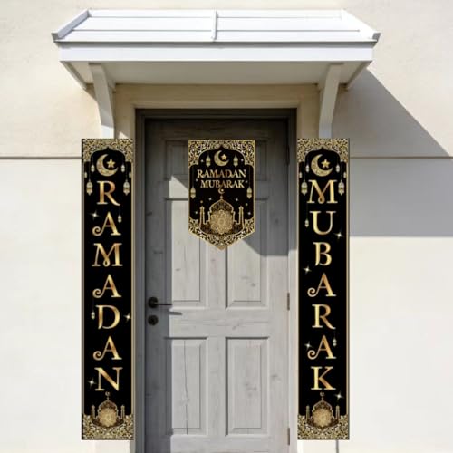 KYMY Ramadan Mubarak Porch Banners with Door Sign, Muslim Arabic Islamic Festival Door Banners 70.9"X11.8", Ramadan Kareem Crescent Moon Mosque Hanging Decorations for Eid Al Fitr Hajj Celebrations - color: Black