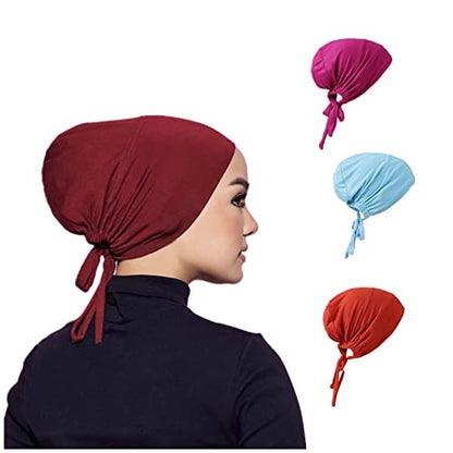 3 Pieces Adjustable Muslim Inner Under Hijab Cap with Ties Back Islamic Under Scarf Bonnet Caps Chemo Cap - color: Red