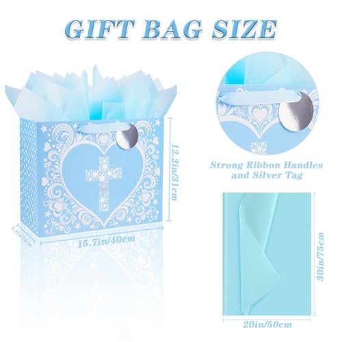 JWSCYSY 15.7" Extra Large Blue Gift Bag with Metallic Silver Star Cross Design, Card and Tissue Paper for Baby Boy Baptisms, Christenings, First Communions Religious - color: Blue 15.7"