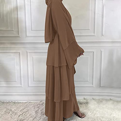 Abayas 여성용 무슬림 아바야 긴소매 맥시 드레스 루즈 풀 커버 이슬람 두바이 가디건 히잡 옷 S-XXL - color: 브라운+히잡, size: XX-Large