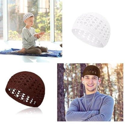 3pcs Knit Kufi Hats for Men Muslim Prayer Cap Islamic Ramadan Eid Taqiyah Cap Koofi Topi Beanie Skull Hat Under Hat - color: White