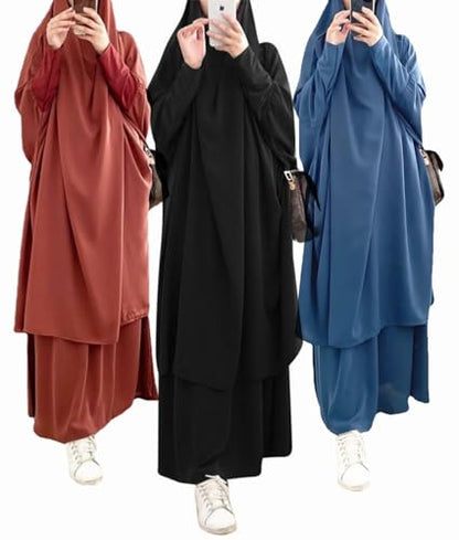 Womens Muslim Abaya Solid Prayer Dress Islamic Maxi Kaftan with Hijab Dubai Full Length 2 Piece Dress - color: 1black