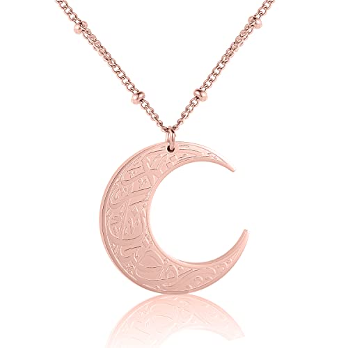 Qitian Islamic Jewelry Gifts for Women Muslim Pendant Gold Allah Arabic Necklaces Ayatul Kursi Necklace Moon Shape Islam - color: B-Rose Gold