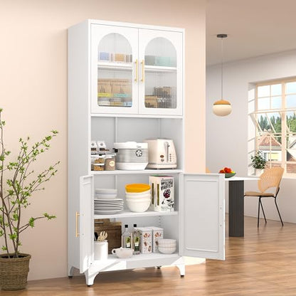 SteeLoong Metal Kitchen Pantry Storage Cabinet，75" Tall Storage Cabinets with 4 Doors and Adjustable Shelves ，White Hutch Cabinet with Microwave Stand,Large Kitchen Cupboard for Dining Room