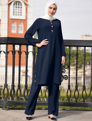 2 Piece Abaya for Women Muslim Long Sleeve Loose Top Pants Set Casual Eid Ramadan Outfits Dubai Islamic Muslim Clothes - color: Dark Blue, size: Small