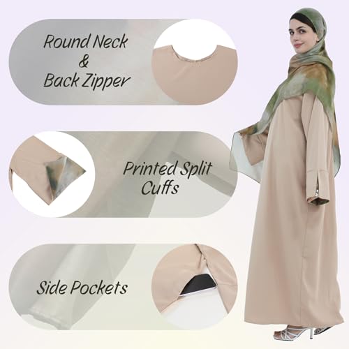 Printing Long Sleeve Abaya with Zipper for Women Dubai and Turkey Robe Spring and Summer Loose and Causual Dress - color: Khaki+hijab, size: Medium