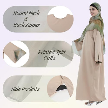 Printing Long Sleeve Abaya with Zipper for Women Dubai and Turkey Robe Spring and Summer Loose and Causual Dress - color: Khaki+hijab, size: Medium