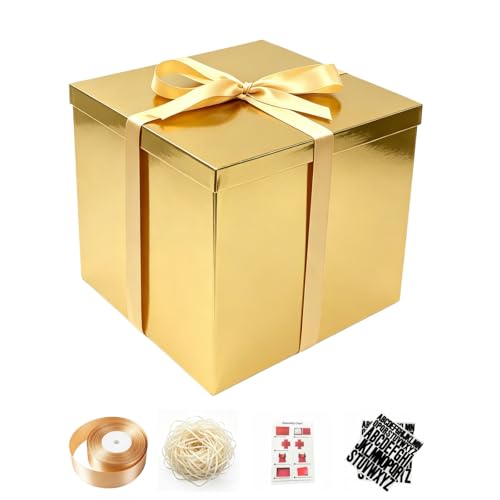 PACKGILO Large Gold Gift Box with Lid 12x12x10 Inches Gold Box 2 Pack - color: 12X12X10Inch-Gold-Pack of 2
