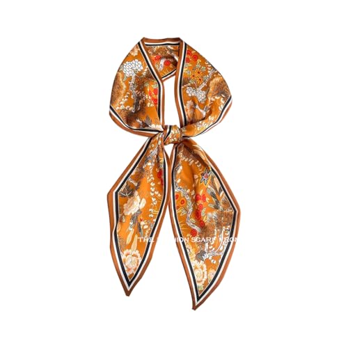 Silk Feeling Head Scarf Fashion Satin Hair Scarf Square Long Scarves for Women Gifts - color: 02 Orange Flowers/5.12 X 59 Inch