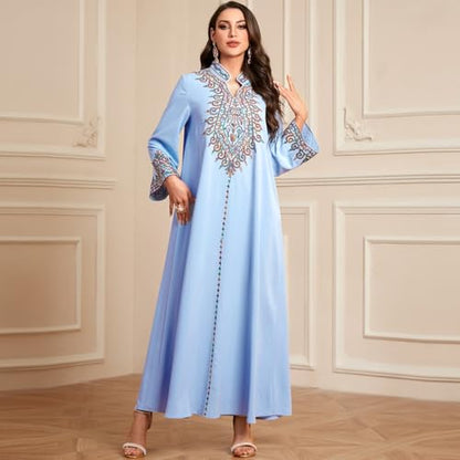 OBEEII Abayas for Women Muslim Applique Embroidery Long Sleeve Maxi Dress Loose Full Cover Islamic Dubai Robe Kaftan Abayas - color: Sky Blue, size: XX-Large