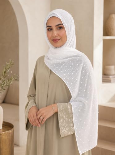 Chiffon Dotted Hijab Scarf for Women, Lightweight Textured Head Wrap Shawl,Soft Muslim Headscarf for Spring Fall - color: Mcmqxf2531-1#white
