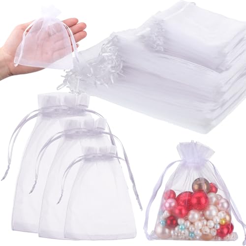 Amylove 100 Pcs White Organza Bags Bulk Sheer Mesh Gift Bags with Drawstring for Wedding Party Supplies Eid Mubarak Candy Fruit Jewelry(2 x 3 In, 4 x 4.72 In, 5 x 7 In) - size: 2 x 3 In, 4 x 4.72 In, 5 x 7 In