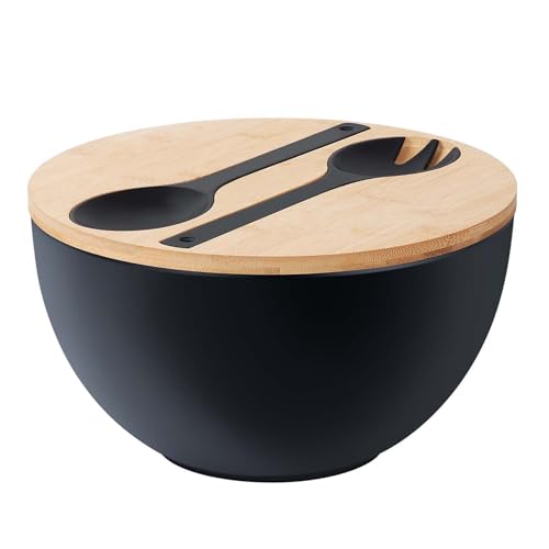 10" Large Salad Serving Bowl with Utensils in Lid, Bamboo Fiber Salad Bowl with Lid, Mixing Bowl with Servers set for Pasta,Fruit,Veggies,Popcorn to Replace Wooden Bowls - Matte Black - color: Matte Black, size: 9.84 inch