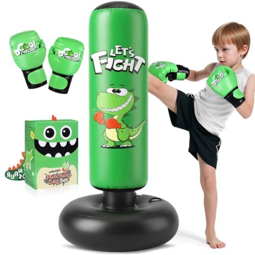 Inflatable Punching Bag, 48" Punching Bag for Kids with Boxing Gloves, Stable Boxing Set for Karate, Taekwondo,Dinosaur Toy & Gifts for Boys 3 4 5 6 7 8 Year Old - color: Green