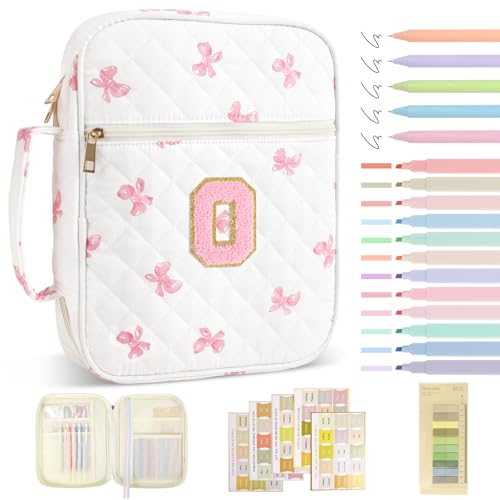 Personalized Initial Bible Cover Case for Women Girls Kid - Large Quilted Bible Case with Handle,Chenille Letter Bag Study Supplies,Christmas Gifts for Christians Birthday Graduation(Pink Bow-O) - color: Pink Bow, size: letter-O