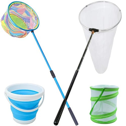FishNetButterfly Net Insect Habitat Cage with FoldingBucketandTelescopic Handle forOutdoorCapturing of SmallFishShrimpButterflies - color: green