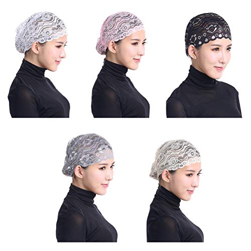 Vpang 5 Pack Womens Muslim Inner Hijab Caps Shiny Lace Head Cover Stretch Beanie Turban Hat Chemo Cap Headwrap Cover - color: Set 1