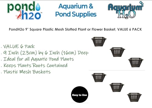 PondH2o 9" Square Aquatic Plastic Slotted Mesh Pond Plant Pot or Flower Water Garden Plant Baskets | Large Pond Plant or Flower Planter Pots for Aquaponics, Hydroponics Value 6 Pack