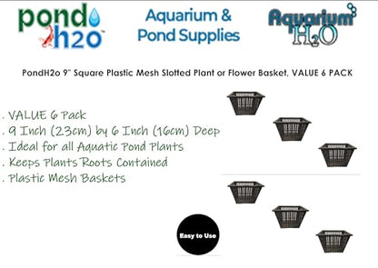 PondH2o 9" Square Aquatic Plastic Slotted Mesh Pond Plant Pot or Flower Water Garden Plant Baskets | Large Pond Plant or Flower Planter Pots for Aquaponics, Hydroponics Value 6 Pack