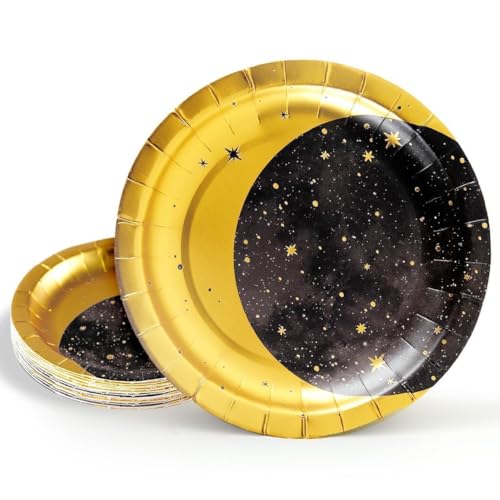 Cheerland Gold Metallic Foil Star and Moon Paper Plates for Galaxy Theme Party Tableware Set Starry Night Outer Space Birthday Sun and Moon Party Decorations Twinkle Twinkle Little Stars (24, Gold) - color: Gold