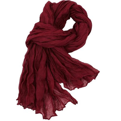 Women Crinkle Spring Scarf Shawls Summer Long Scarves Lightweight Hijab Wraps Soft Linen Cotton for Beach Travel - color: Wine Red
