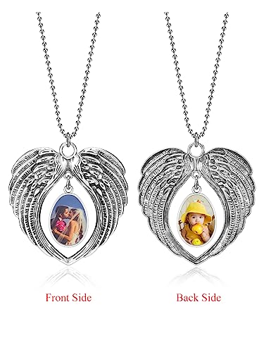 PiercingJ Custom Photo Rearview Mirror Car Charm Double Side Picture Engraving Car Hanging Ornament Angel Wing Car Charm Gift for Men Women (Silver(Water Droplet)) - color: Silver(water Droplet)-1 Pc