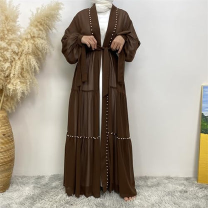 Abayas For Women Muslim Ramadan Long Sleeve Open Front Imitation Pearls Tiered Chiffon Dress Cardigan with Belt Dubai Kaftan - color: Coffee, size: Medium