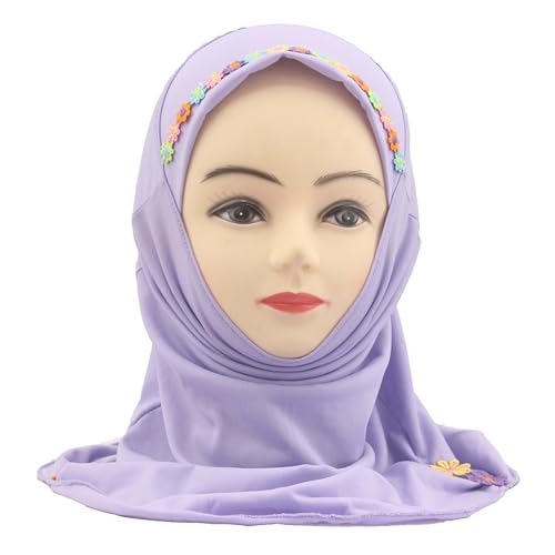 Girls Instant Hijab – Soft Kids Muslim Scarf with Flower, Breathable One-Piece Headscarf for Toddlers Age 2-8 - color: Small Flower-lavander