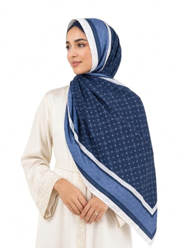 Satin Hijab Scarf for Women, Silk-Feeling Muslim Headscarf, Digital Bow Letter Print Head Wrap Shawl for Summer - color: Mlp004-navyblue