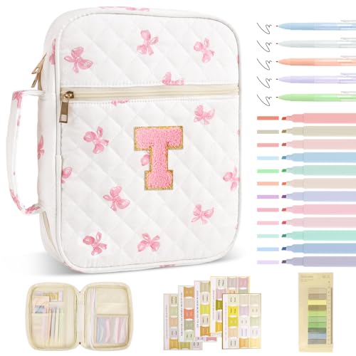 Personalized Initial Bible Cover Case for Women Girls Kid - Large Quilted Bible Case with Handle,Chenille Letter Bag Study Supplies,Christmas Gifts for Christians Birthday Graduation(Pink Bow-T) - color: Pink Bow, size: letter-T