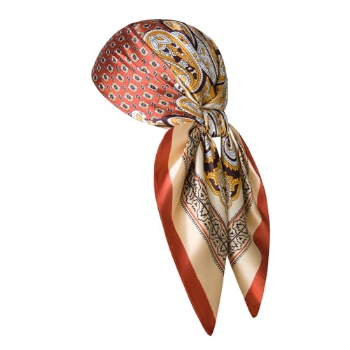 Silk-Feel 35x35 Satin Hair Scarf | Multi-Way Head Wrap for Sleep, Style & Hijab | Gift-Ready Fashion Scarf for Women - color: Orange-totem