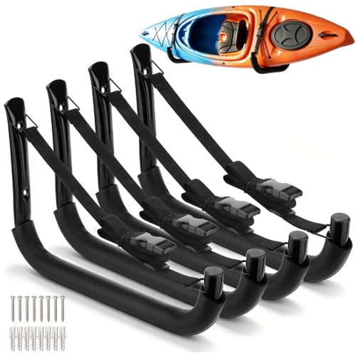 Kayak Storage Rack, Heavy Duty Wall Mount Kayak Hanger for Secure Storage, Garage Hooks for Kayaks, SUP Paddle Boards, Canoes, Surfboards - size: 10.6" x 15.5", Pack of 4