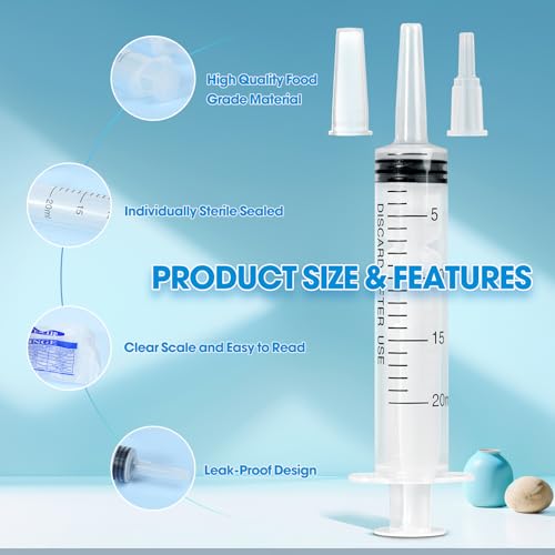 20ml Syringe for Liquid,5 Pack Large Plastic Syringes with Adapters and Cap,Individually Sealed Syringe for Feeding,Irrigation Water and Scientific Labs - size: 20ML