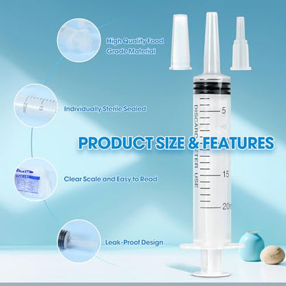 20ml Syringe for Liquid,5 Pack Large Plastic Syringes with Adapters and Cap,Individually Sealed Syringe for Feeding,Irrigation Water and Scientific Labs - size: 20ML