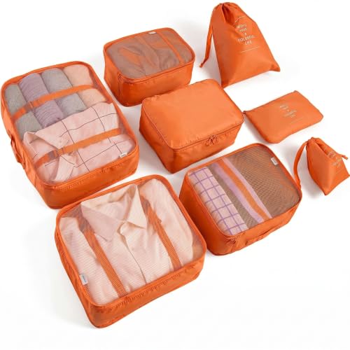 LANSKLBD 6/8 Set Packing Cubes for Suitcases Travel Luggage Packing Organizers,Travel Accessories Essentials Luggage Organizer with Shoe/Tioletry/Laundry Bag (Orange, 8 set) - color: Orange, size: 8 set