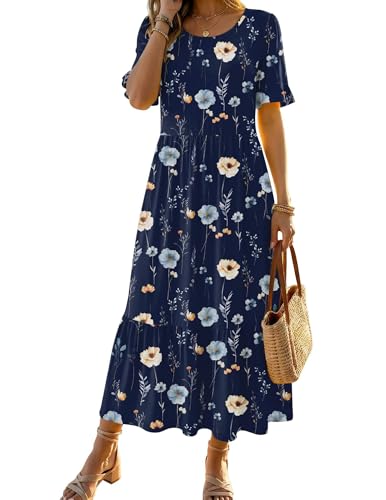 Zeagoo Womens Summer Dresses 2026 Casual Midi Dress Flowy Sundress Ruffle Short Sleeve Tiered Dresses A Line Boho Dress - color: A-navy Floral 01, size: Large